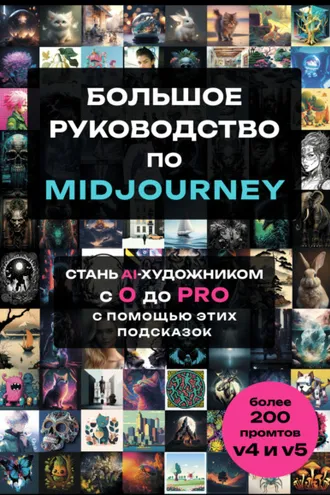 Обложка книги «Большое практическое руководство по Midjourney. Стань AI-художником с 0 до PRO с помощью этих подсказок»
